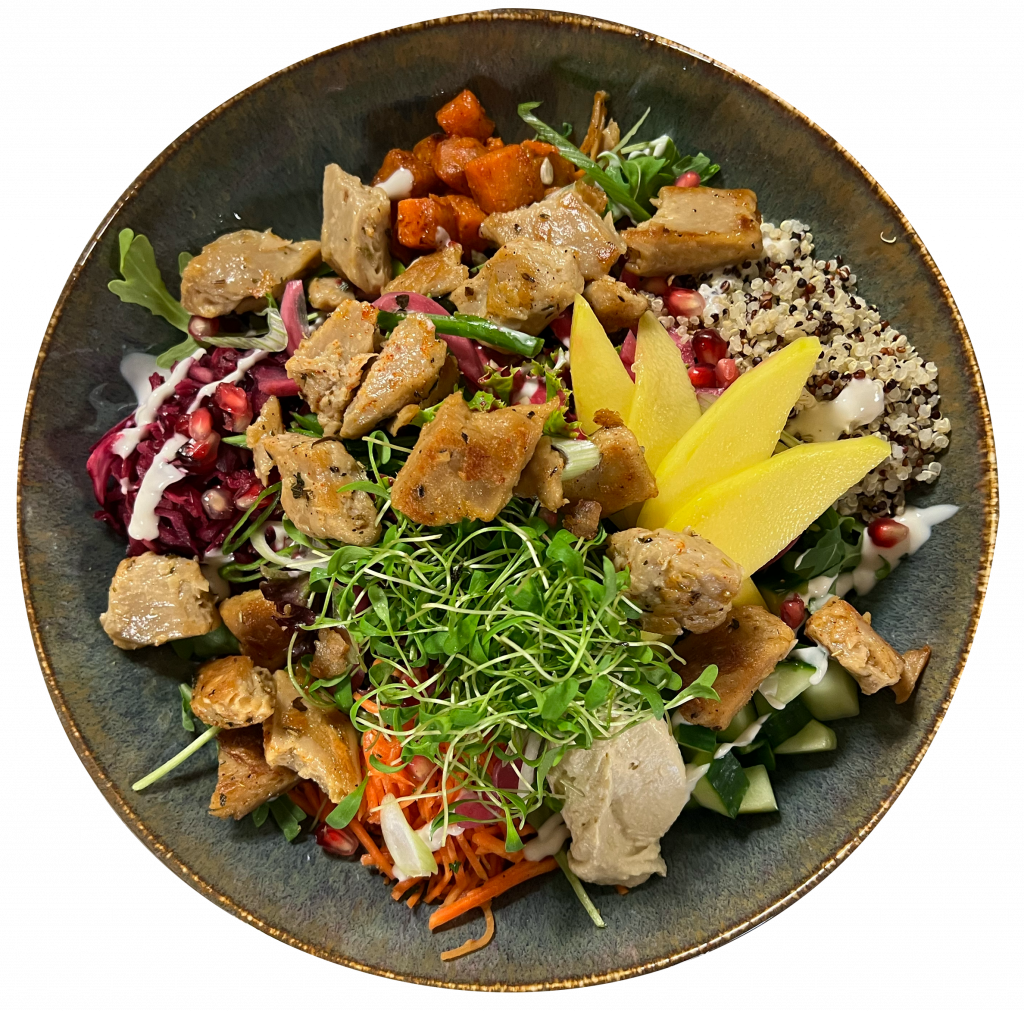 SummerBowl-mit-gedäpften-Quinoa,-Gurke,-Süsskartoffel,-marinierten-Kabis,-Rübli,-Salat-und-Gebratenes-Pflanzliches-Fleisch-garniert-mit-Mango-Granatapfel-Hummus-Nüssen-und-Kerne